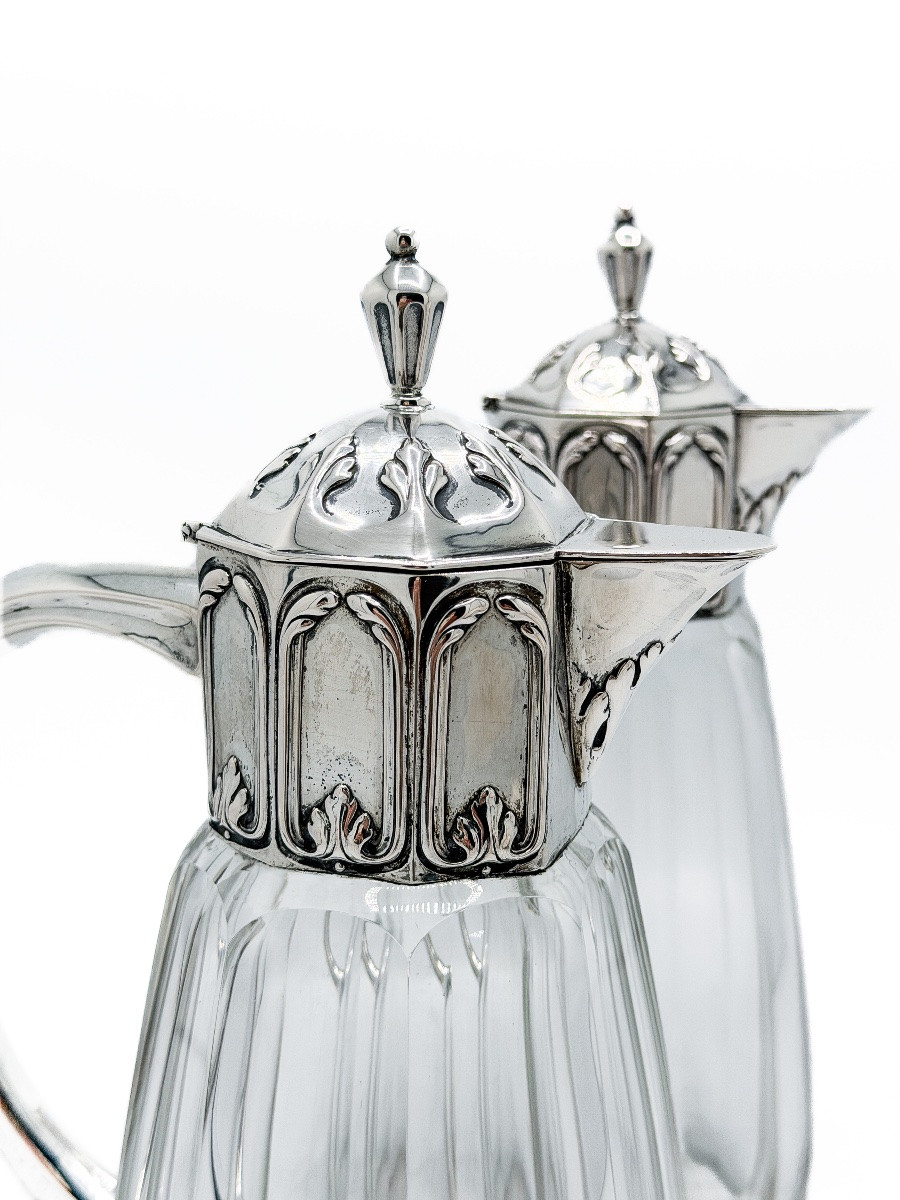 Pair Of Cut Crystal Decanters With Solid Silver 800 Thousandths Mounts, Germany, Late XIth Century-photo-1