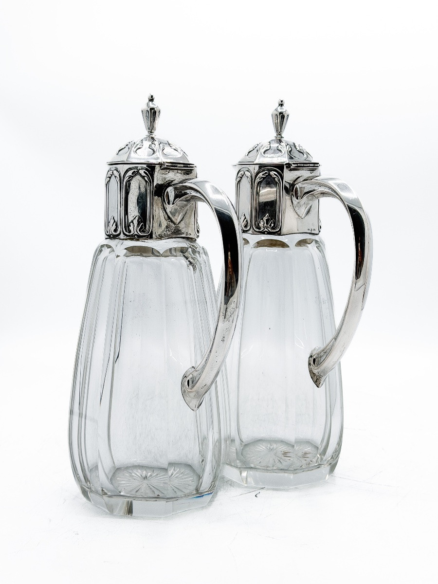 Pair Of Cut Crystal Decanters With Solid Silver 800 Thousandths Mounts, Germany, Late XIth Century-photo-3