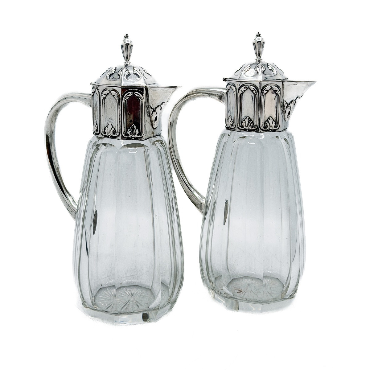 Pair Of Cut Crystal Decanters With Solid Silver 800 Thousandths Mounts, Germany, Late XIth Century-photo-4