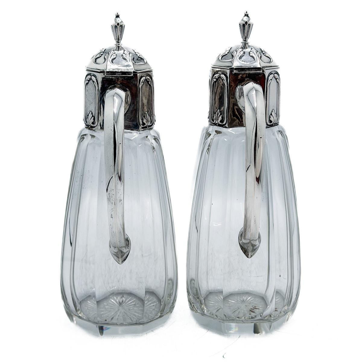 Pair Of Cut Crystal Decanters With Solid Silver 800 Thousandths Mounts, Germany, Late XIth Century-photo-5