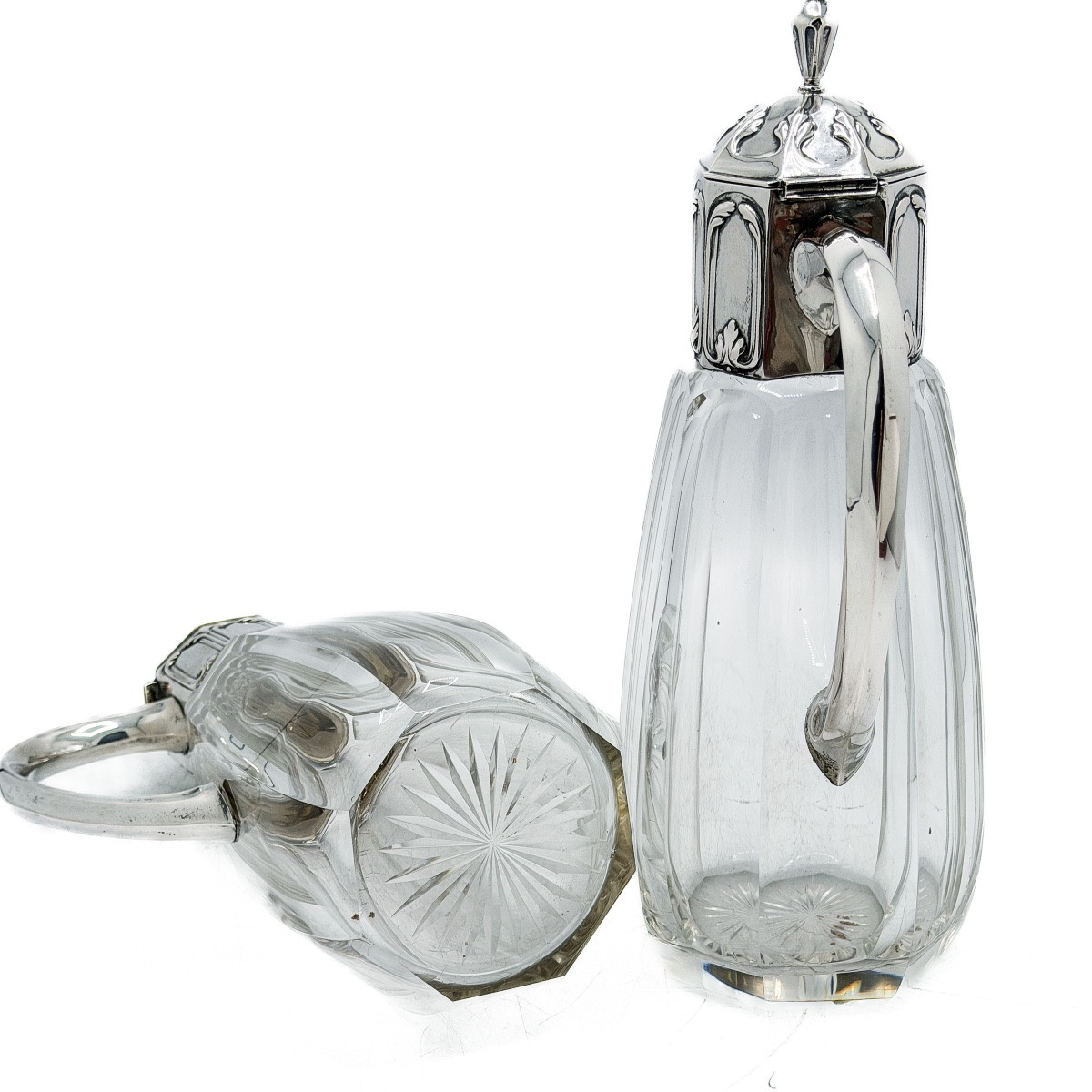 Pair Of Cut Crystal Decanters With Solid Silver 800 Thousandths Mounts, Germany, Late XIth Century-photo-6