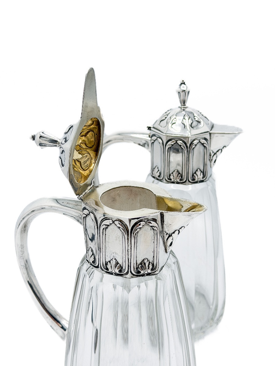 Pair Of Cut Crystal Decanters With Solid Silver 800 Thousandths Mounts, Germany, Late XIth Century