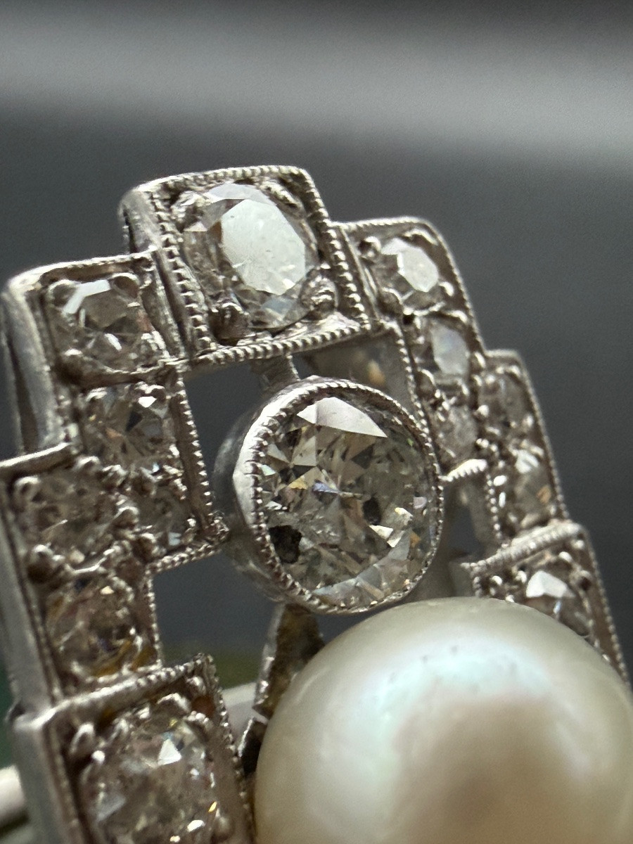 Bague Art Déco en platine, sertie de diamants taille ancienne et d’une perle de culture -photo-1