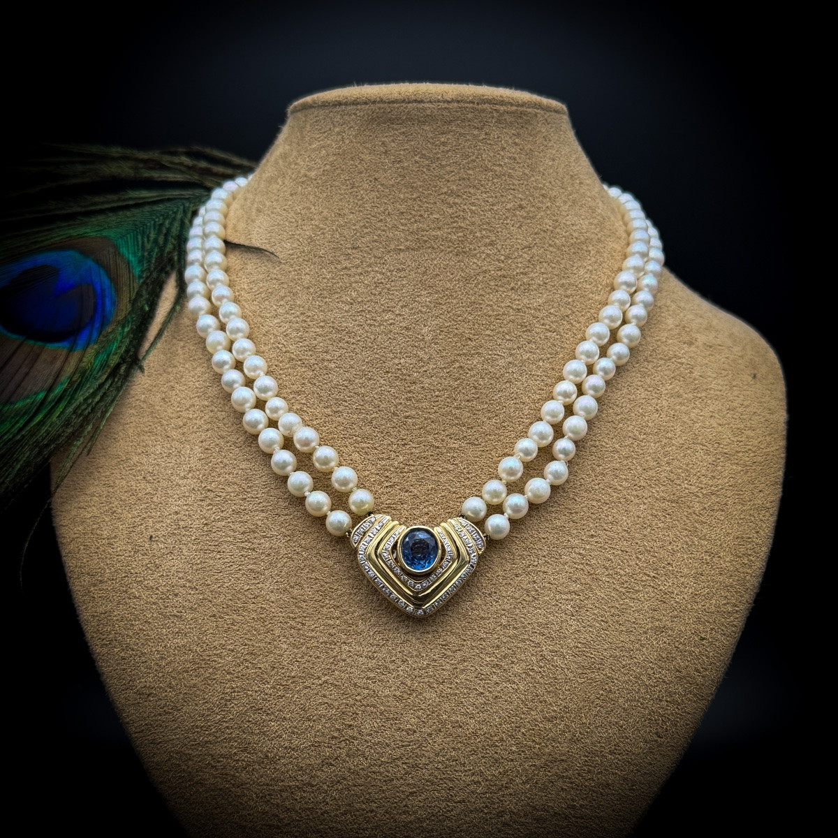 Double Strand Cultured Pearl Necklace, Gold Jewelry Clasp Set With A Sapphire.-photo-1