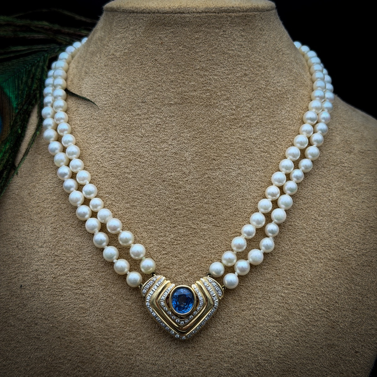 Double Strand Cultured Pearl Necklace, Gold Jewelry Clasp Set With A Sapphire.-photo-2