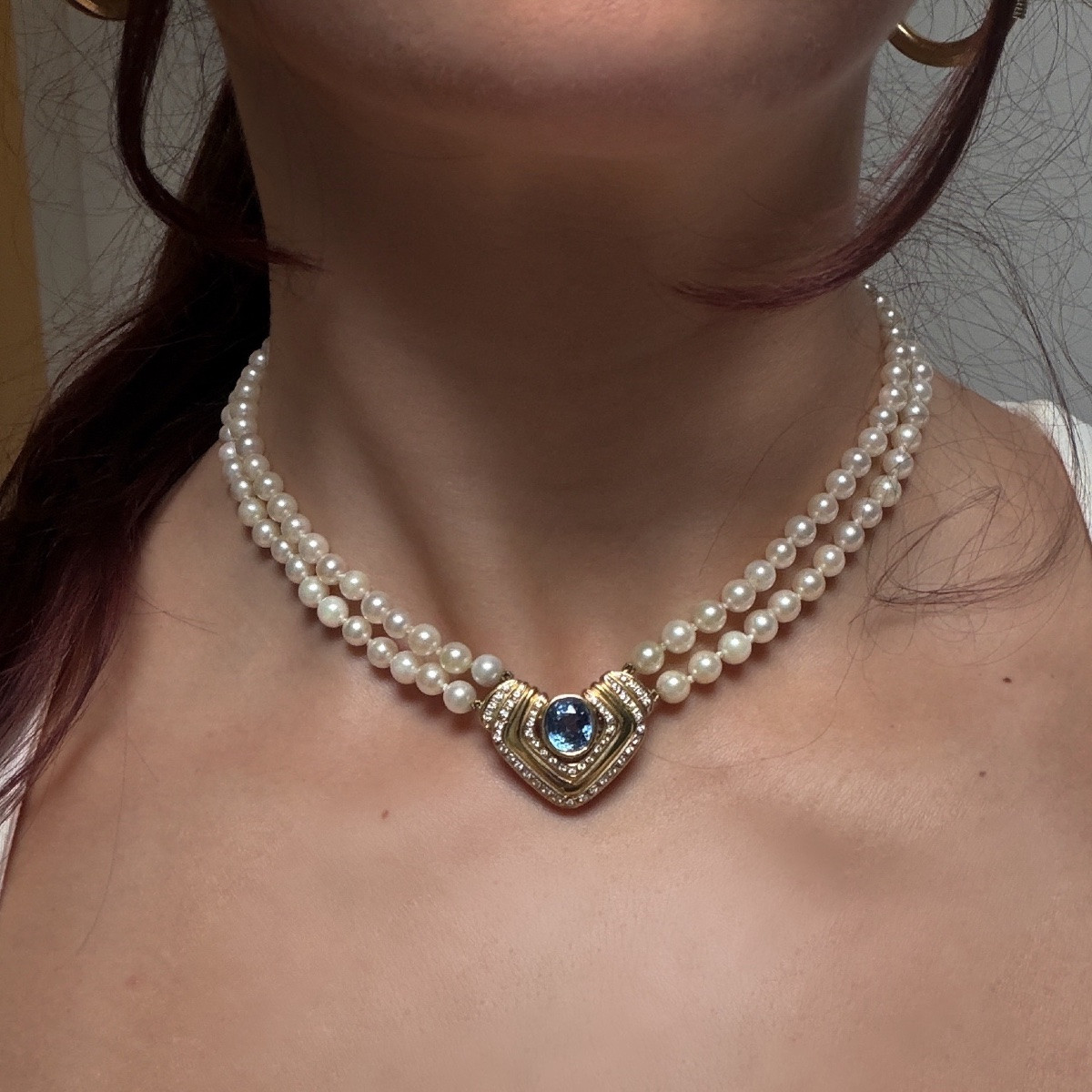 Double Strand Cultured Pearl Necklace, Gold Jewelry Clasp Set With A Sapphire.-photo-6