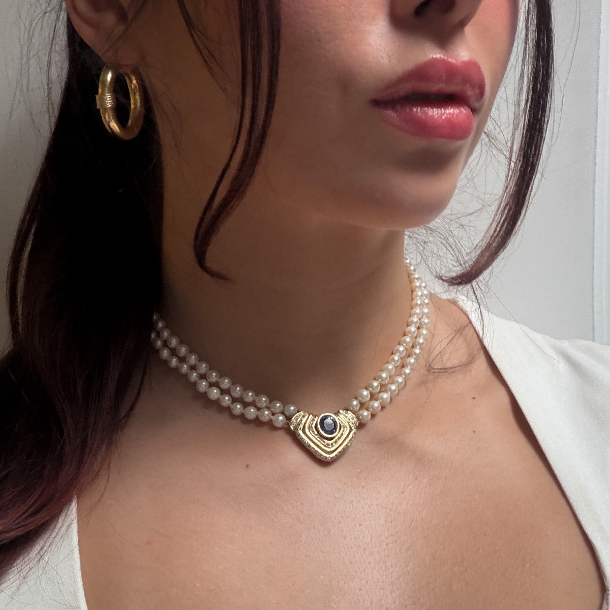 Double Strand Cultured Pearl Necklace, Gold Jewelry Clasp Set With A Sapphire.