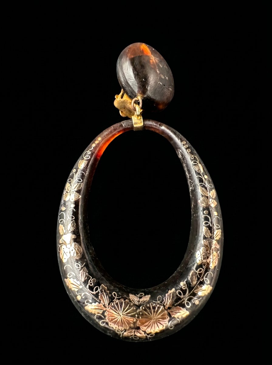 Pair Of "tortoiseshell Piqué" Earrings – Napoleon III Era-photo-2