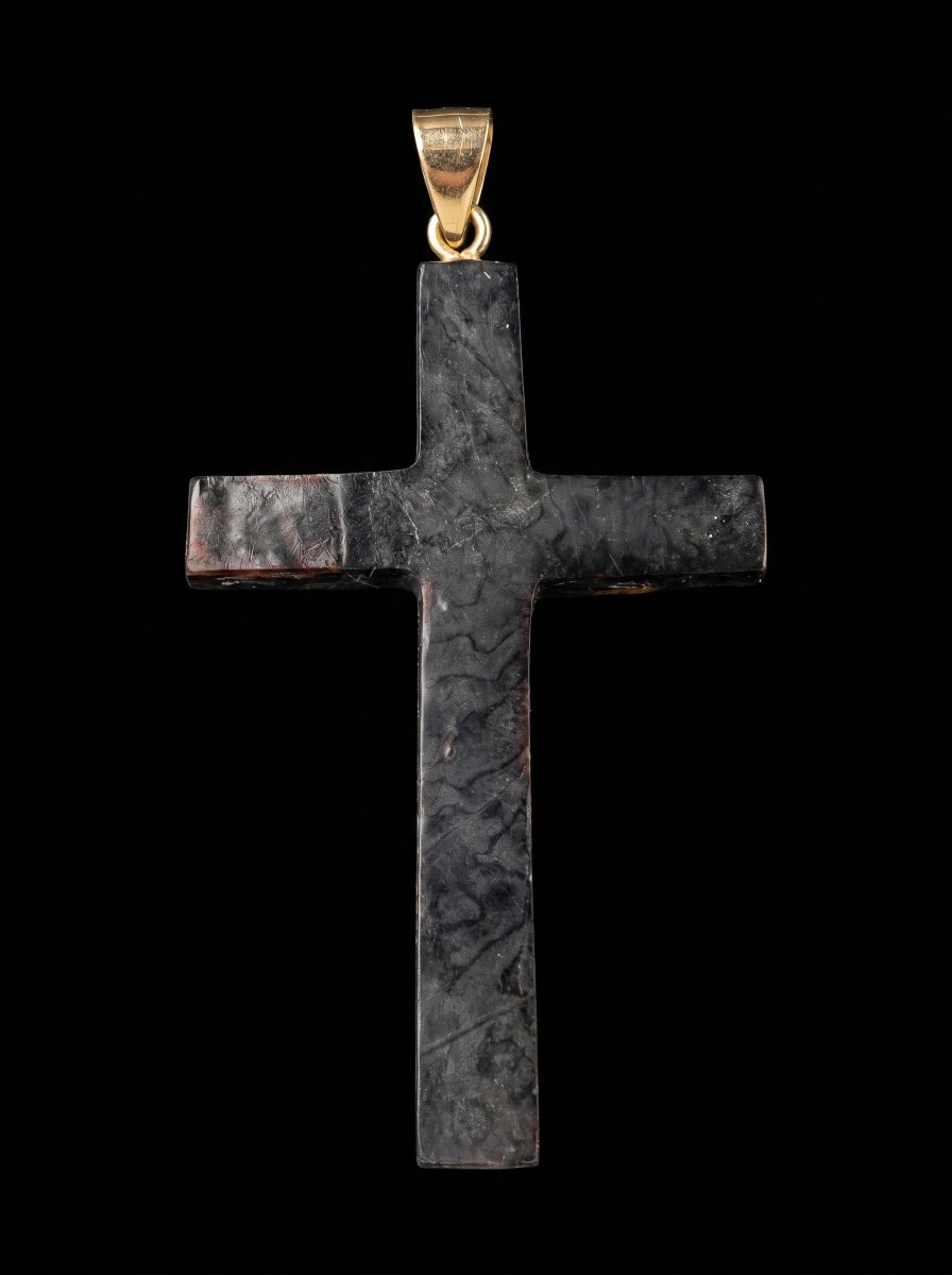 Pendentif Croix en Écaille de Tortue et Or Piqué – Époque Napoléon III-photo-2