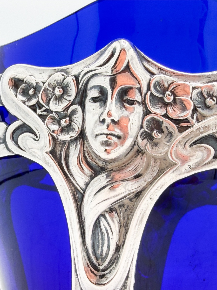 Panier à douceurs Art nouveau en argent massif 800 millièmes et cristal bleu  -photo-2