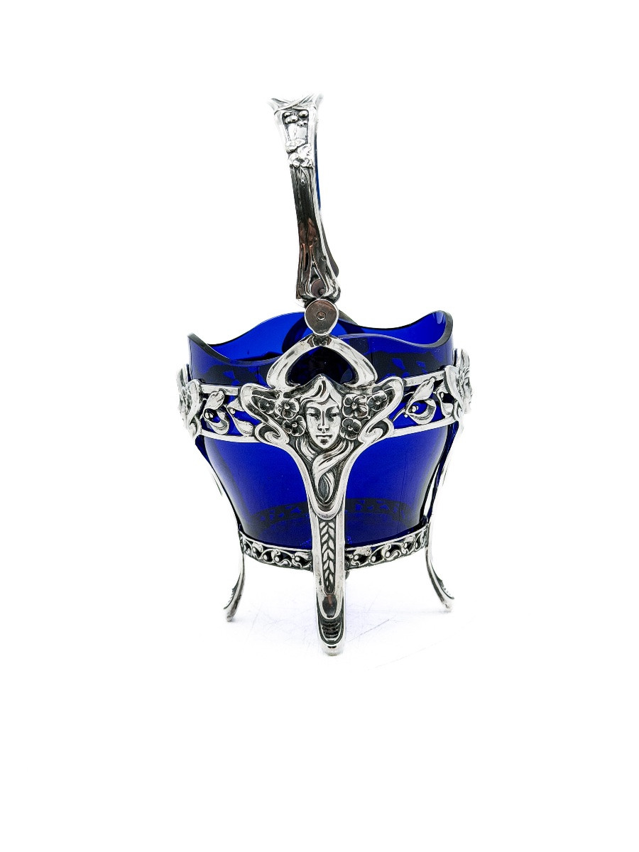 Panier à douceurs Art nouveau en argent massif 800 millièmes et cristal bleu  -photo-3