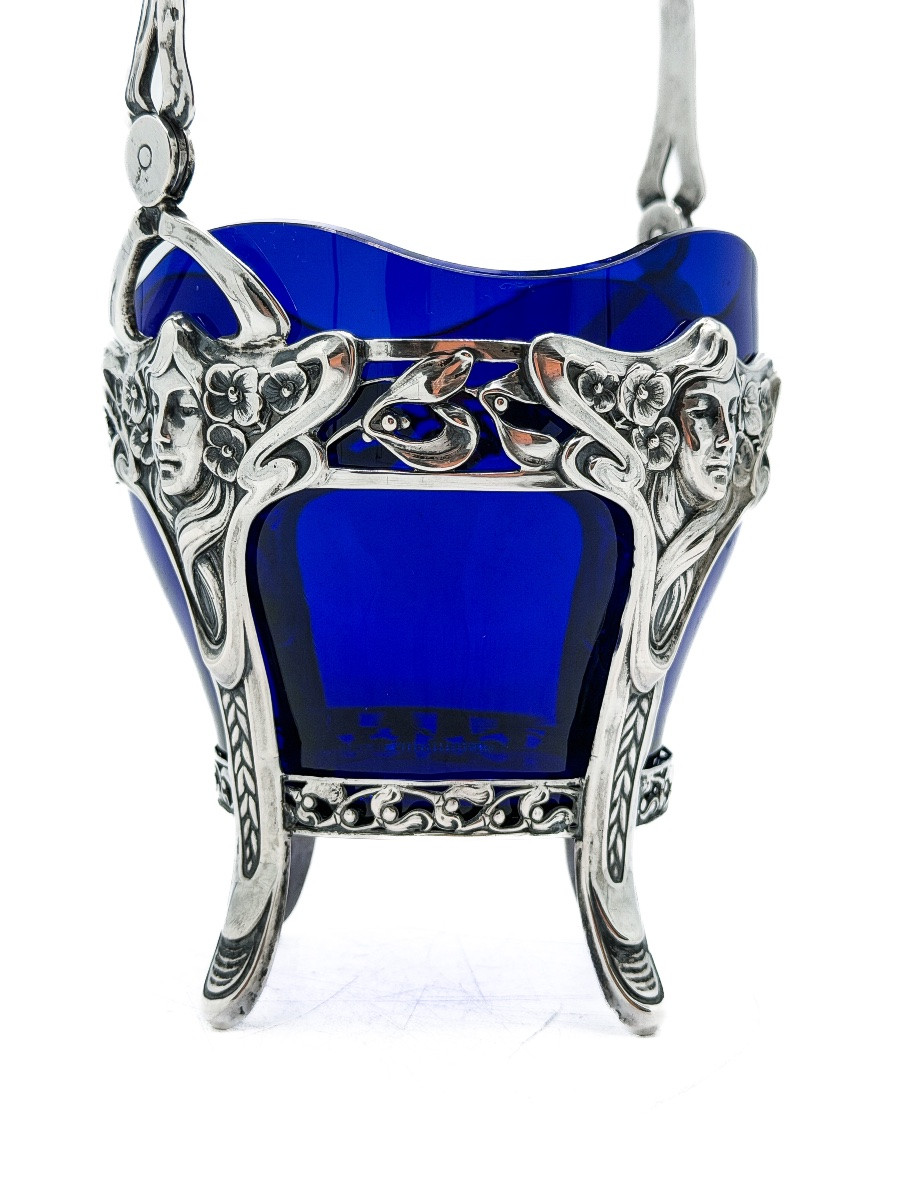 Panier à douceurs Art nouveau en argent massif 800 millièmes et cristal bleu  -photo-4