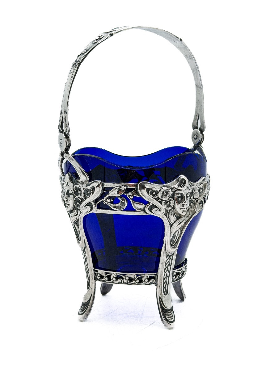 Panier à douceurs Art nouveau en argent massif 800 millièmes et cristal bleu  -photo-4