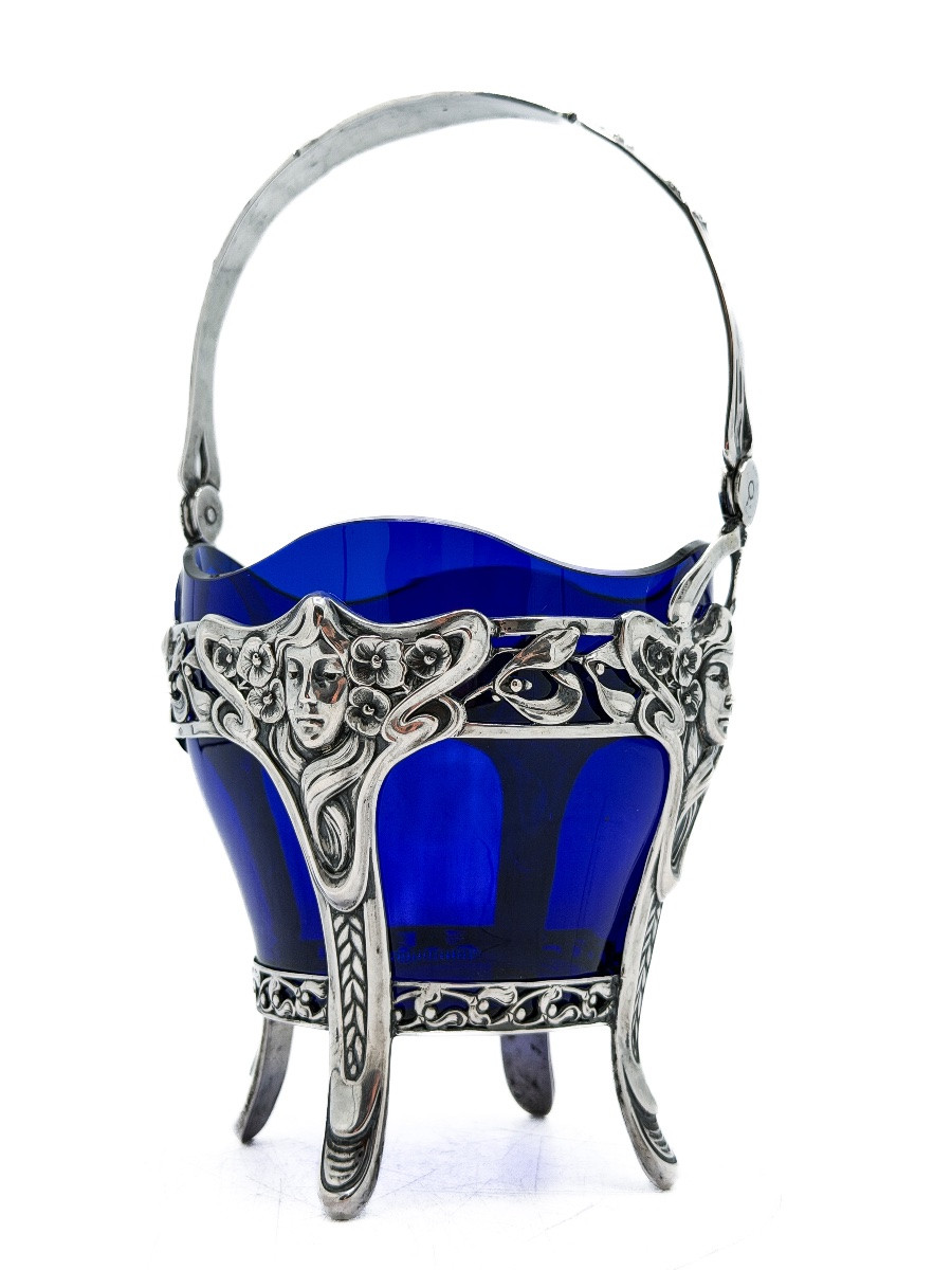 Panier à douceurs Art nouveau en argent massif 800 millièmes et cristal bleu  -photo-6