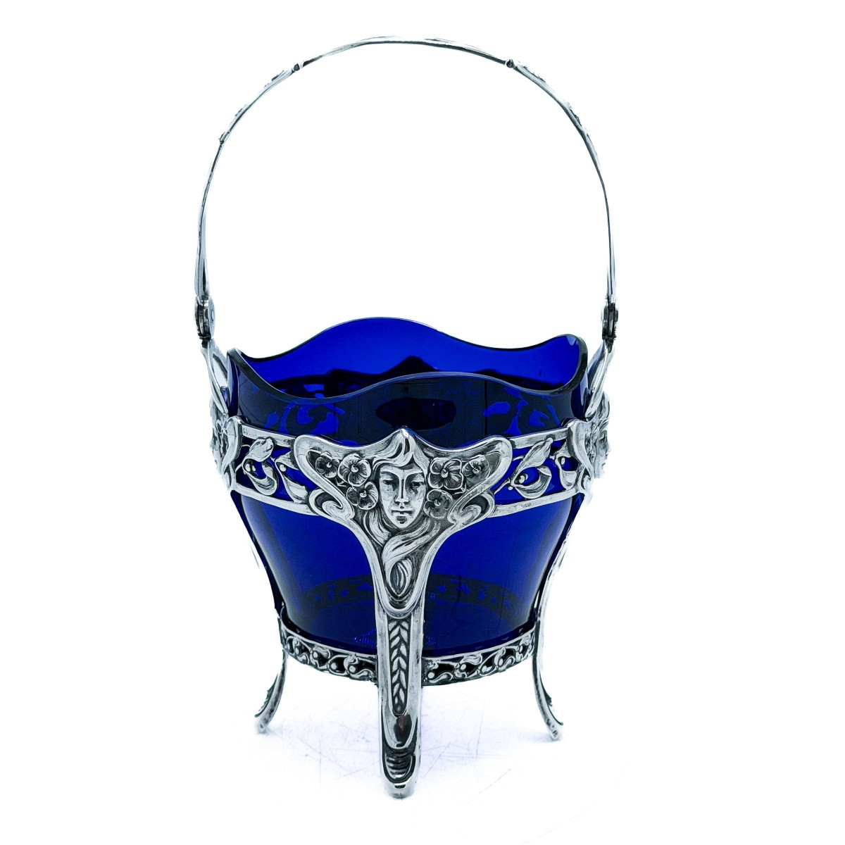 Panier à douceurs Art nouveau en argent massif 800 millièmes et cristal bleu  -photo-7