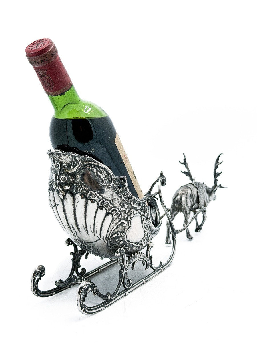 Table Bottle Holder In Solid Silver 800 Thousandths Depicting A Sleigh Pulled By A Reindeer,-photo-2