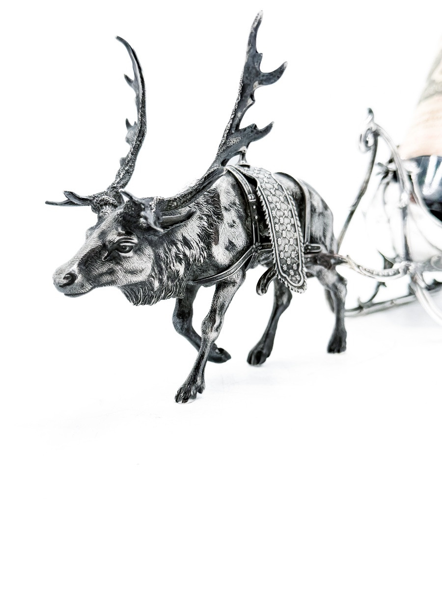 Table Bottle Holder In Solid Silver 800 Thousandths Depicting A Sleigh Pulled By A Reindeer,-photo-3