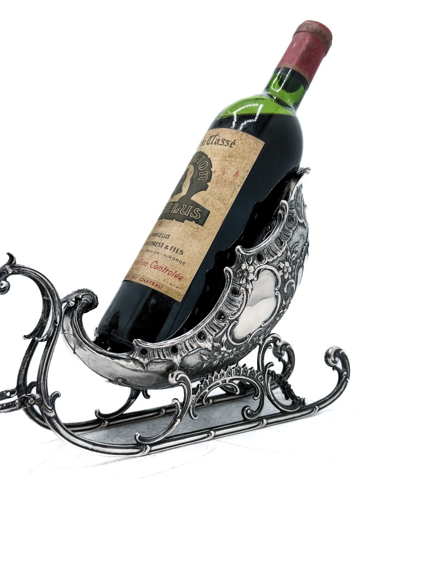 Table Bottle Holder In Solid Silver 800 Thousandths Depicting A Sleigh Pulled By A Reindeer,-photo-4