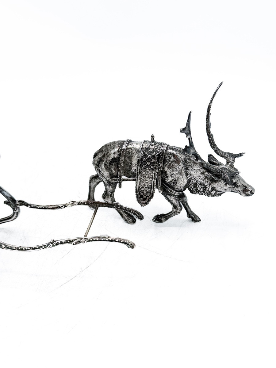 Table Bottle Holder In Solid Silver 800 Thousandths Depicting A Sleigh Pulled By A Reindeer,-photo-2