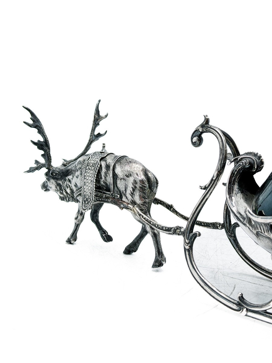 Table Bottle Holder In Solid Silver 800 Thousandths Depicting A Sleigh Pulled By A Reindeer,-photo-3