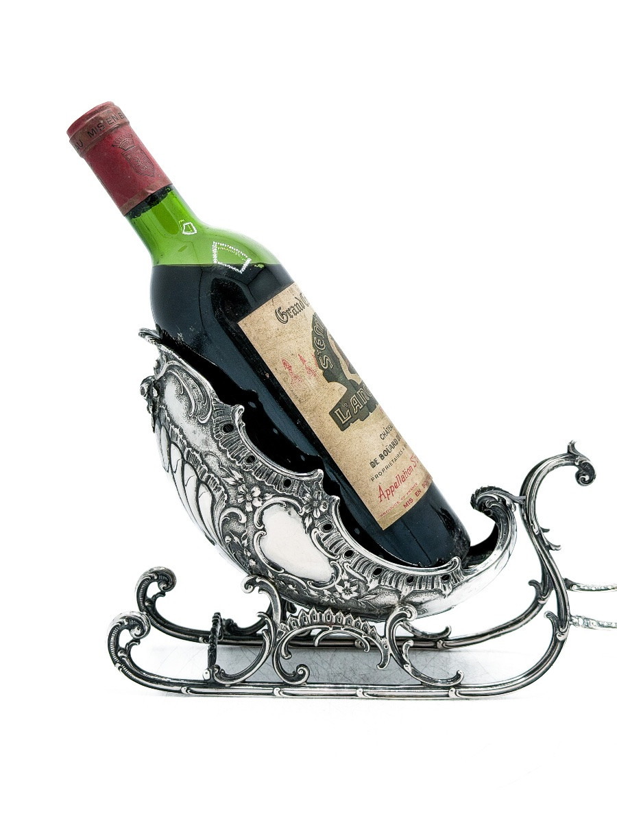 Table Bottle Holder In Solid Silver 800 Thousandths Depicting A Sleigh Pulled By A Reindeer,-photo-4