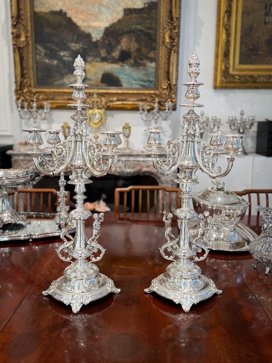 Paire de candélabres Napoléon III en argent massif 800 millièmes – Travail belge -photo-2
