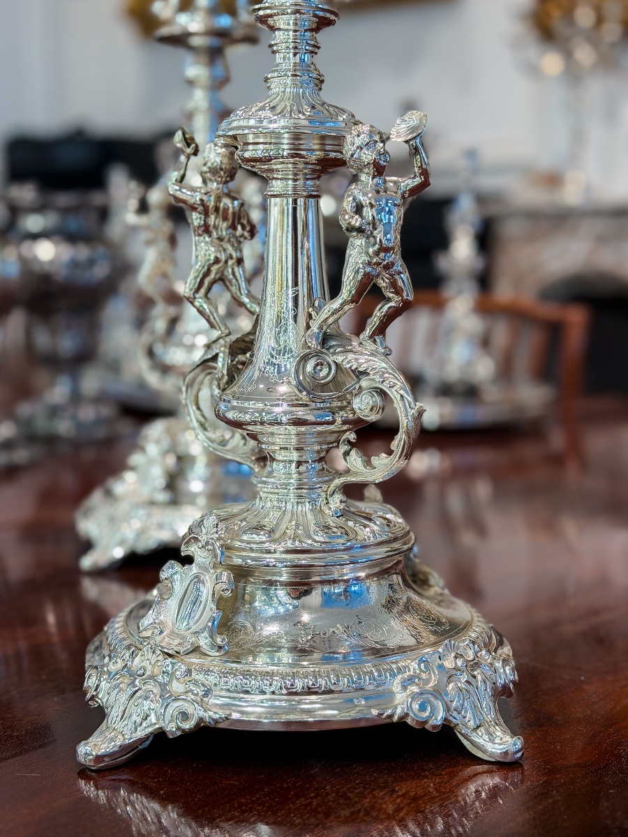 Paire de candélabres Napoléon III en argent massif 800 millièmes – Travail belge -photo-1