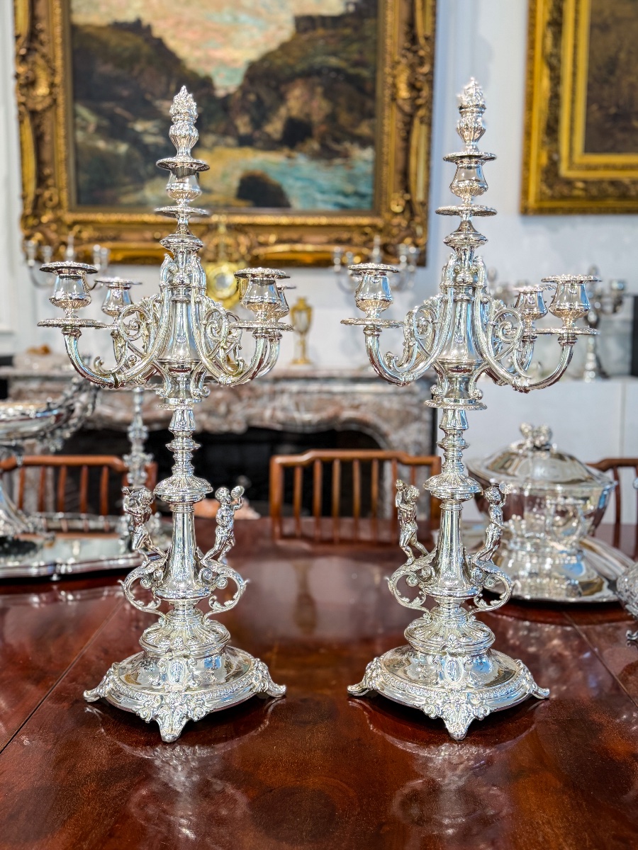 Paire de candélabres Napoléon III en argent massif 800 millièmes – Travail belge 