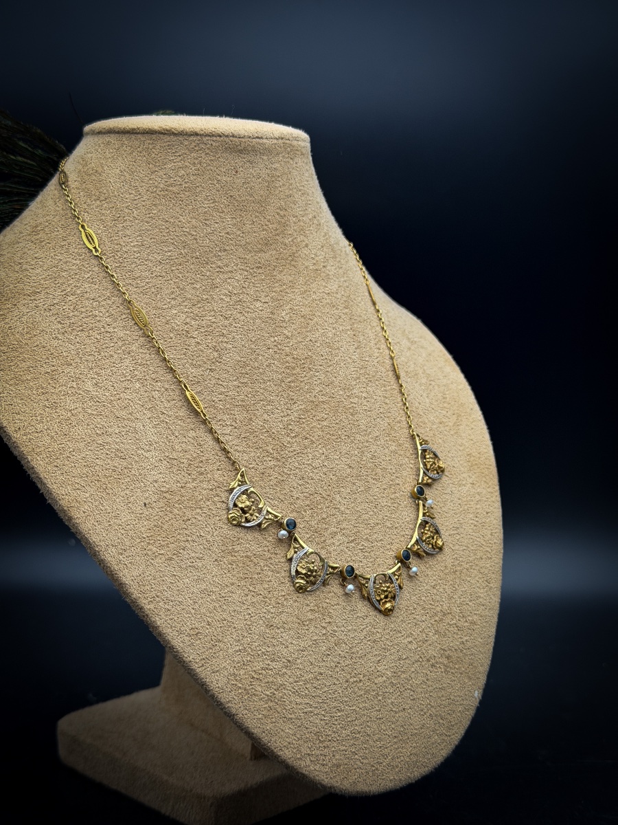 French Art Nouveau Necklace In 18-karat Gold, Sapphires, And Seed Pearls  -photo-3