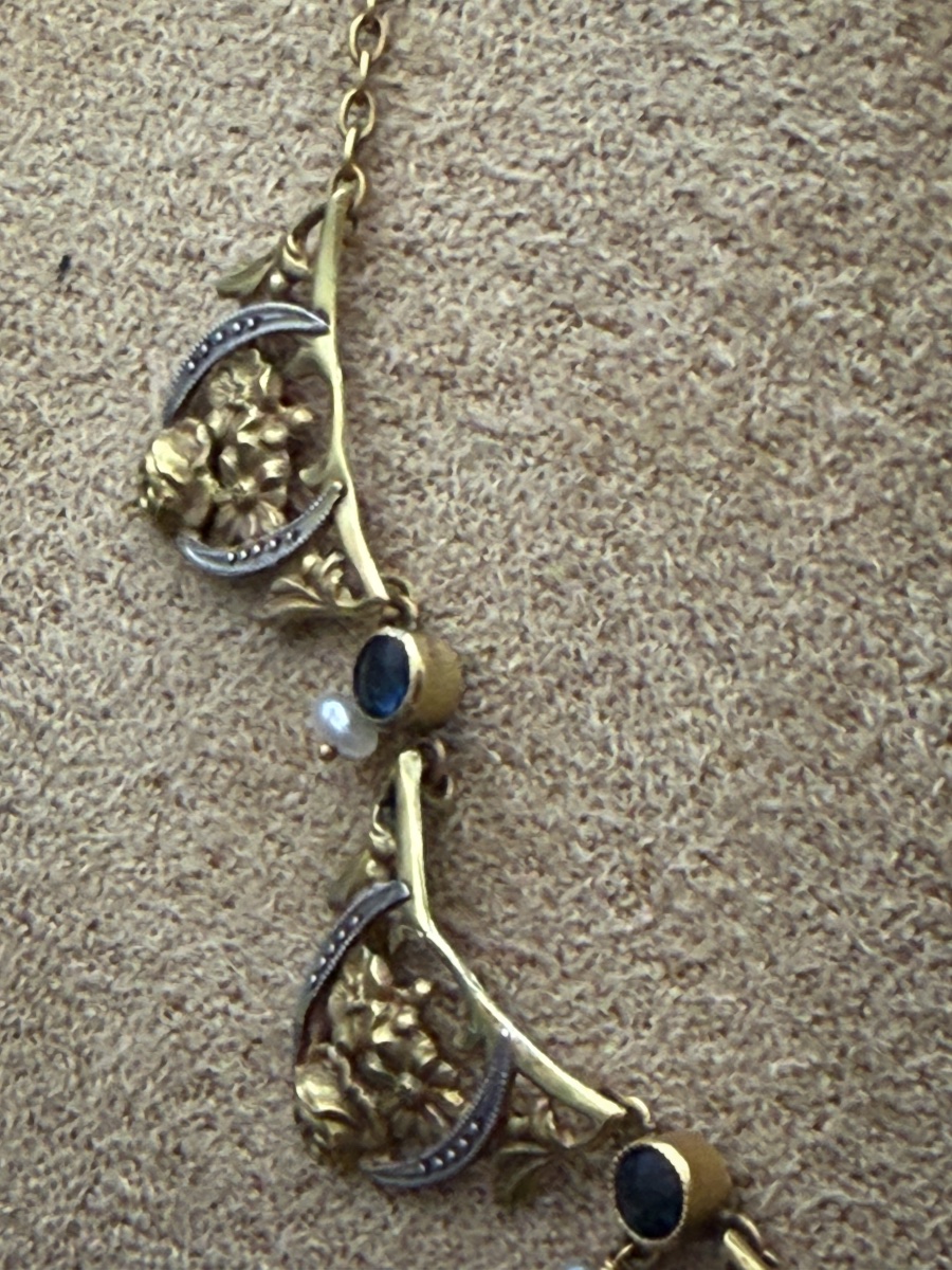 French Art Nouveau Necklace In 18-karat Gold, Sapphires, And Seed Pearls  -photo-4