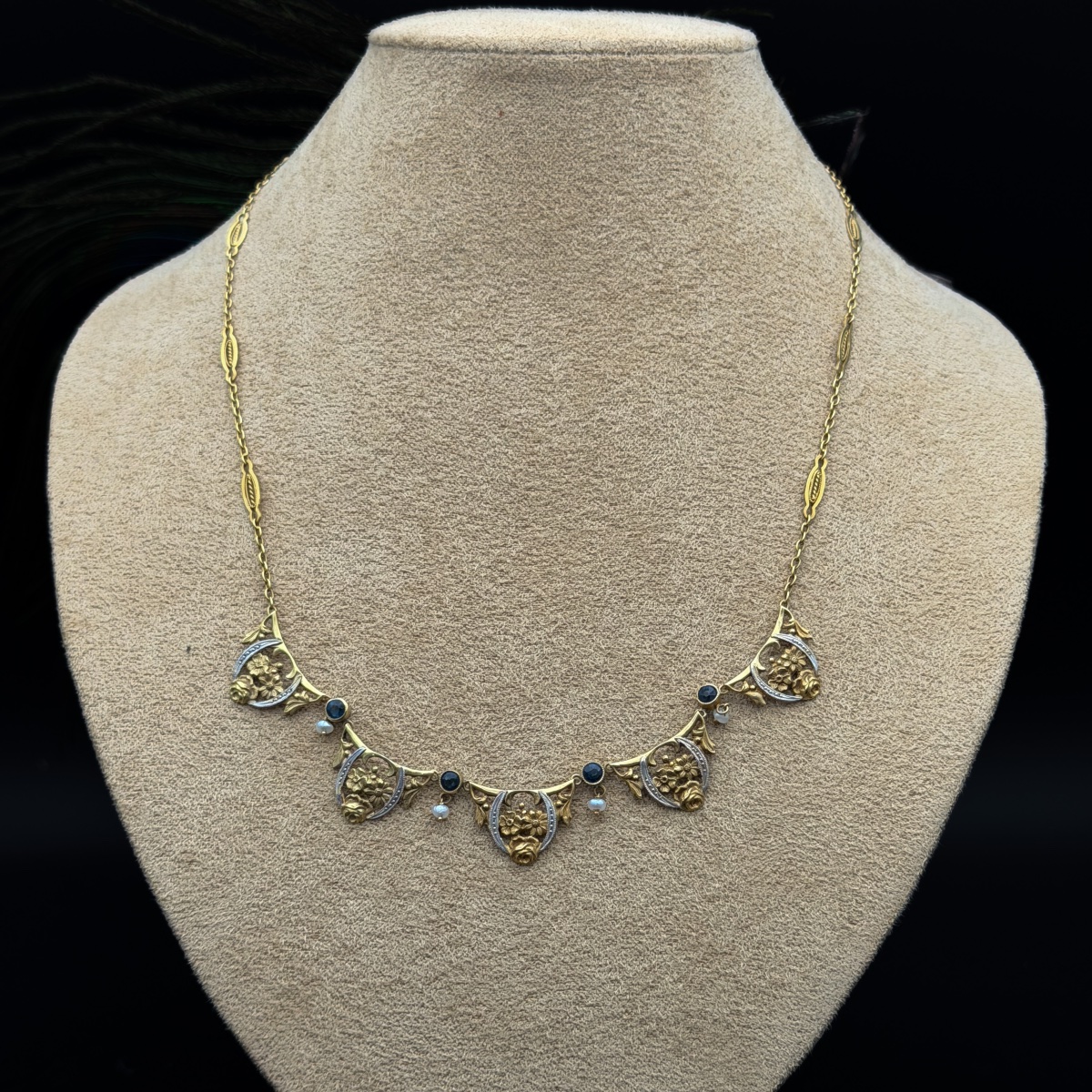 French Art Nouveau Necklace In 18-karat Gold, Sapphires, And Seed Pearls  