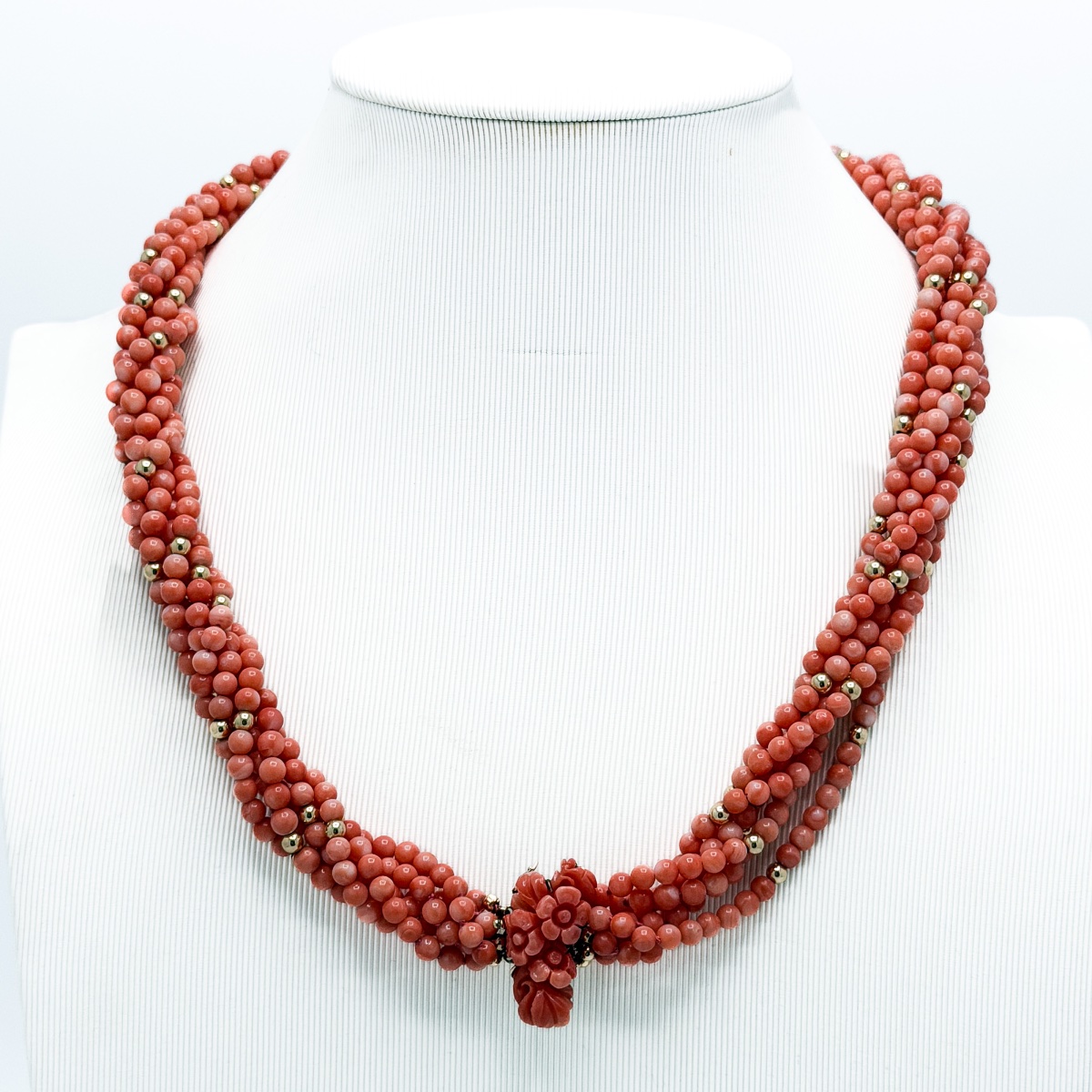 Collier italien en corail « peau d’orange » à six rangs et fermoir en or 14 carats – vers 1920 -photo-3