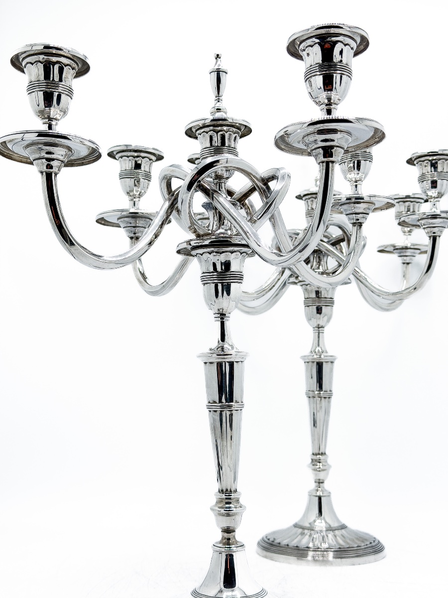 Pair Of Portuguese Five-light Candelabra In 916-th Silver – Porto, Circa 1940 – -photo-4