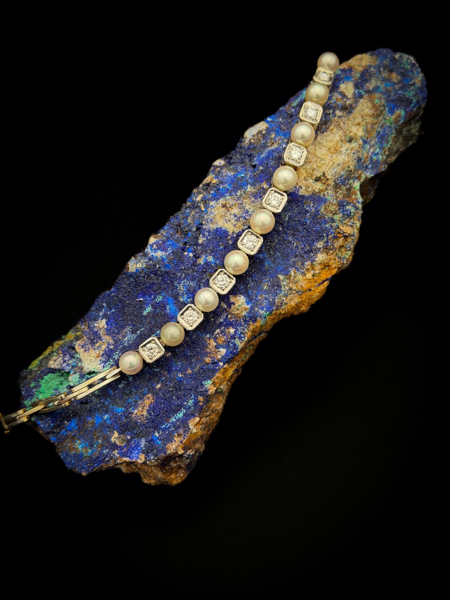 Belgian Art Deco Bracelet In 14-karat Gold, Diamonds, And Cultured Pearls  Chain Bracelet-photo-2