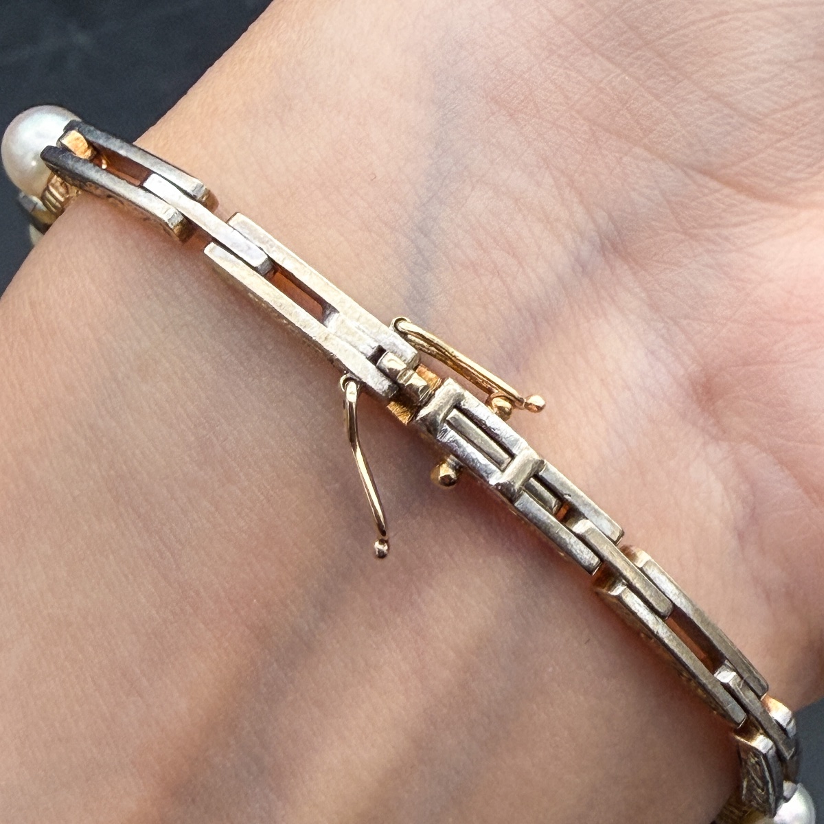 Belgian Art Deco Bracelet In 14-karat Gold, Diamonds, And Cultured Pearls  Chain Bracelet-photo-3