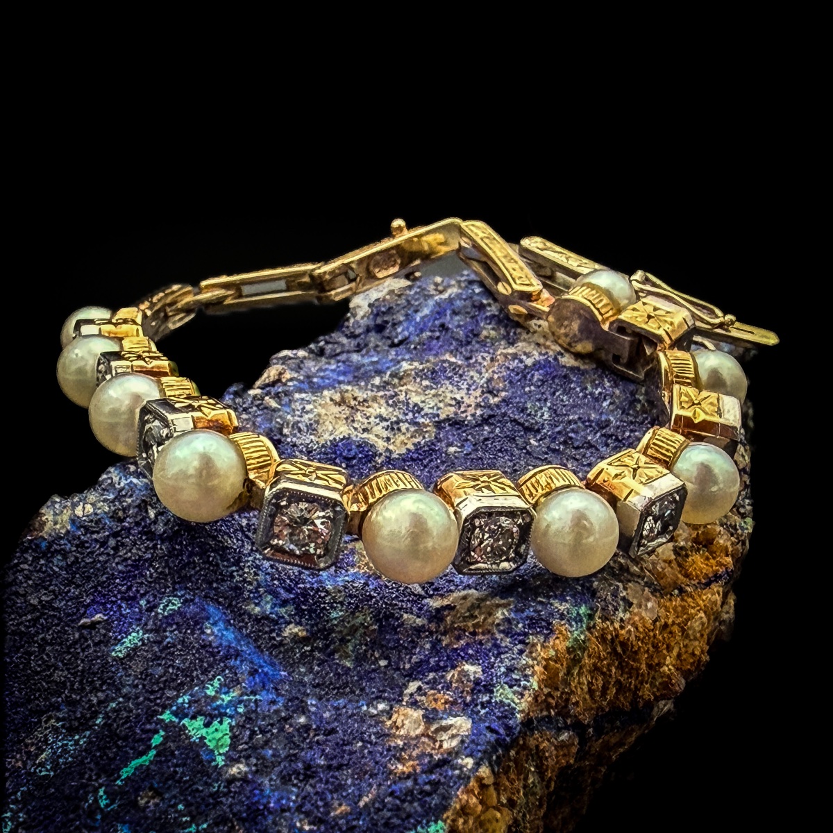 Belgian Art Deco Bracelet In 14-karat Gold, Diamonds, And Cultured Pearls  Chain Bracelet-photo-3