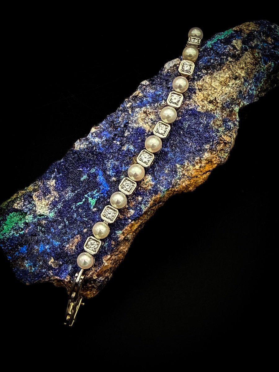 Belgian Art Deco Bracelet In 14-karat Gold, Diamonds, And Cultured Pearls  Chain Bracelet-photo-5