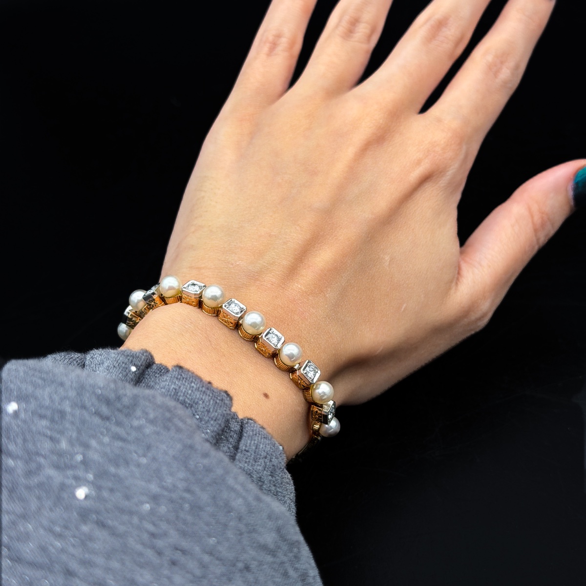 Belgian Art Deco Bracelet In 14-karat Gold, Diamonds, And Cultured Pearls  Chain Bracelet