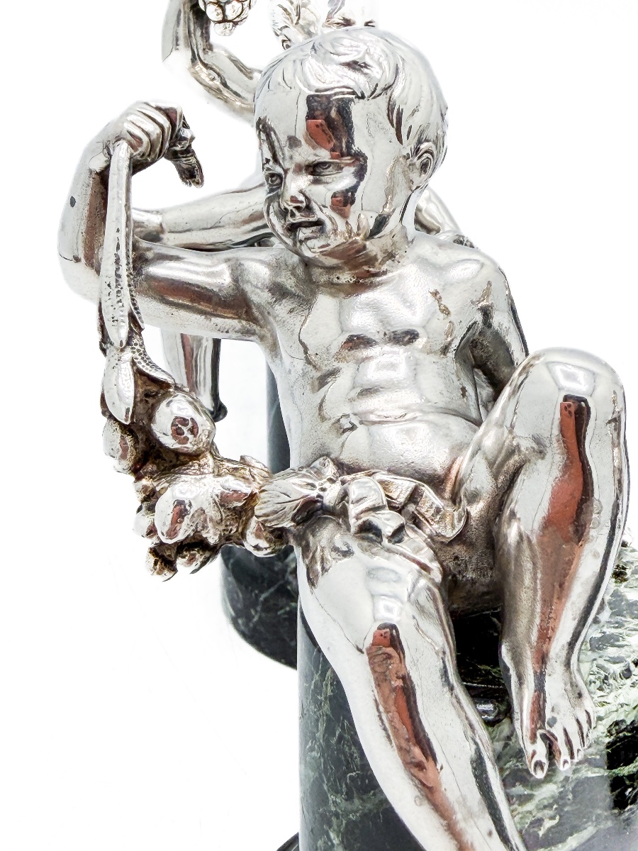 Ensemble de quatre putti ailés en argent massif sur socles en marbre vert – XIXe siècle  -photo-4