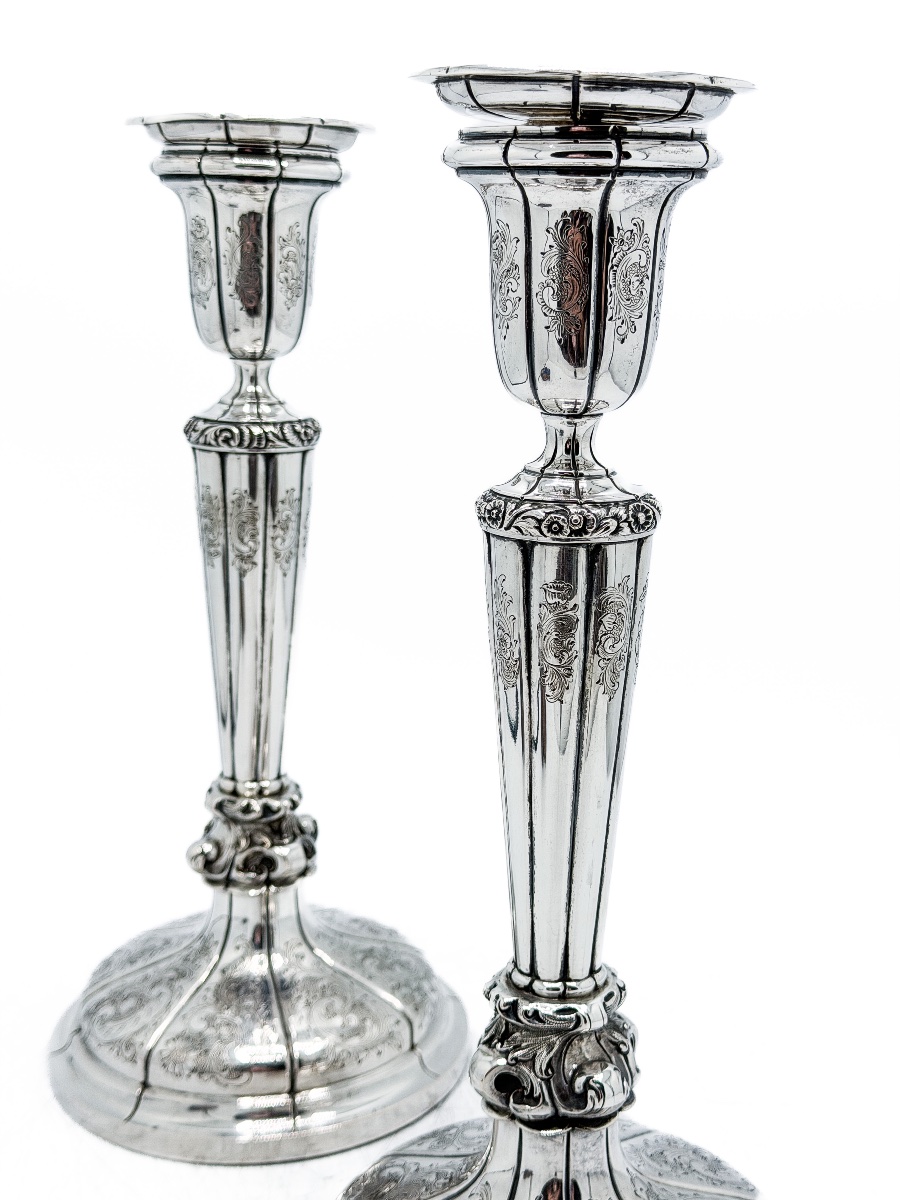 Louis Frédéric Wolfers – Pair Of Large Engraved Silver Candlesticks, Brussels, Circa 1870  -photo-2