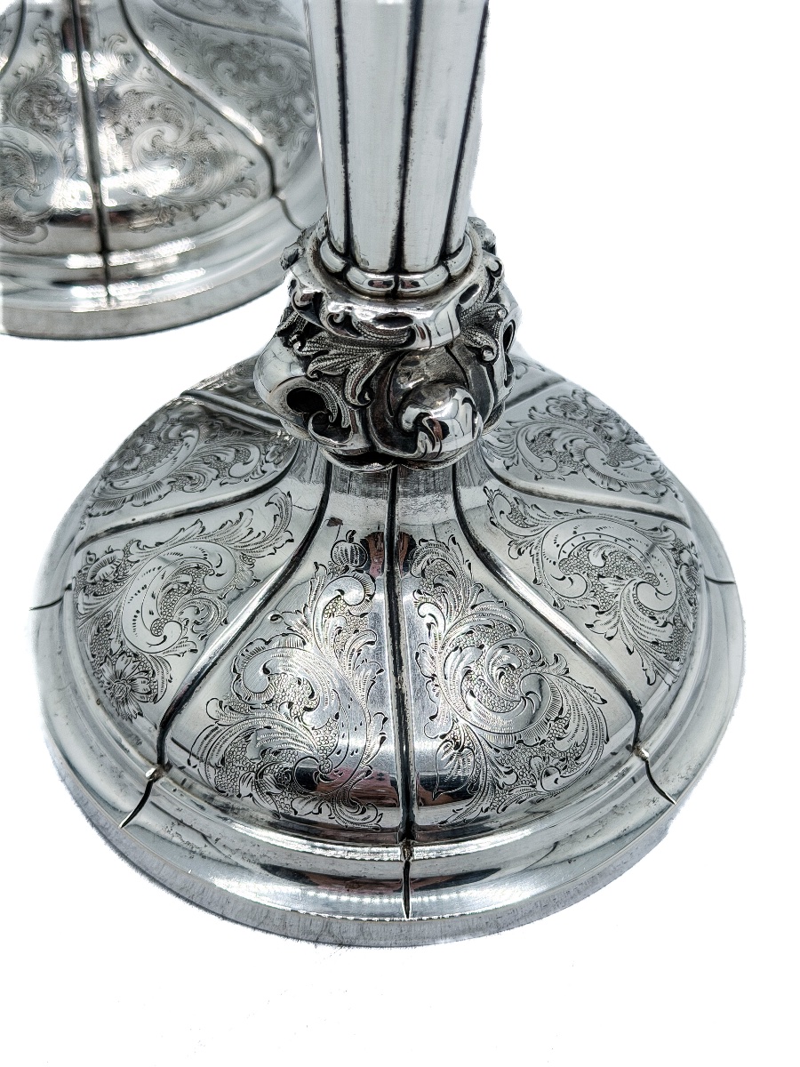 Louis Frédéric Wolfers – Pair Of Large Engraved Silver Candlesticks, Brussels, Circa 1870  -photo-1