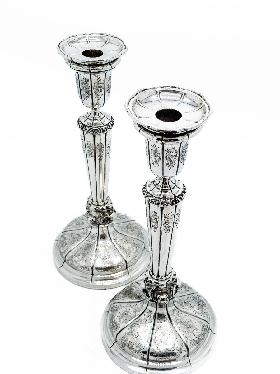 Louis Frédéric Wolfers – Pair Of Large Engraved Silver Candlesticks, Brussels, Circa 1870  -photo-8
