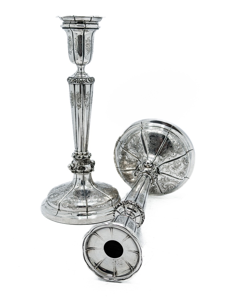 Louis Frédéric Wolfers – Pair Of Large Engraved Silver Candlesticks, Brussels, Circa 1870  