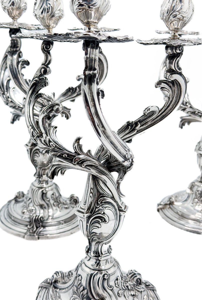 Bruckmann & Söhne – Set Of Three Solid Silver Candelabras, Louis XV Rococo Style – Late 19th Century -photo-2