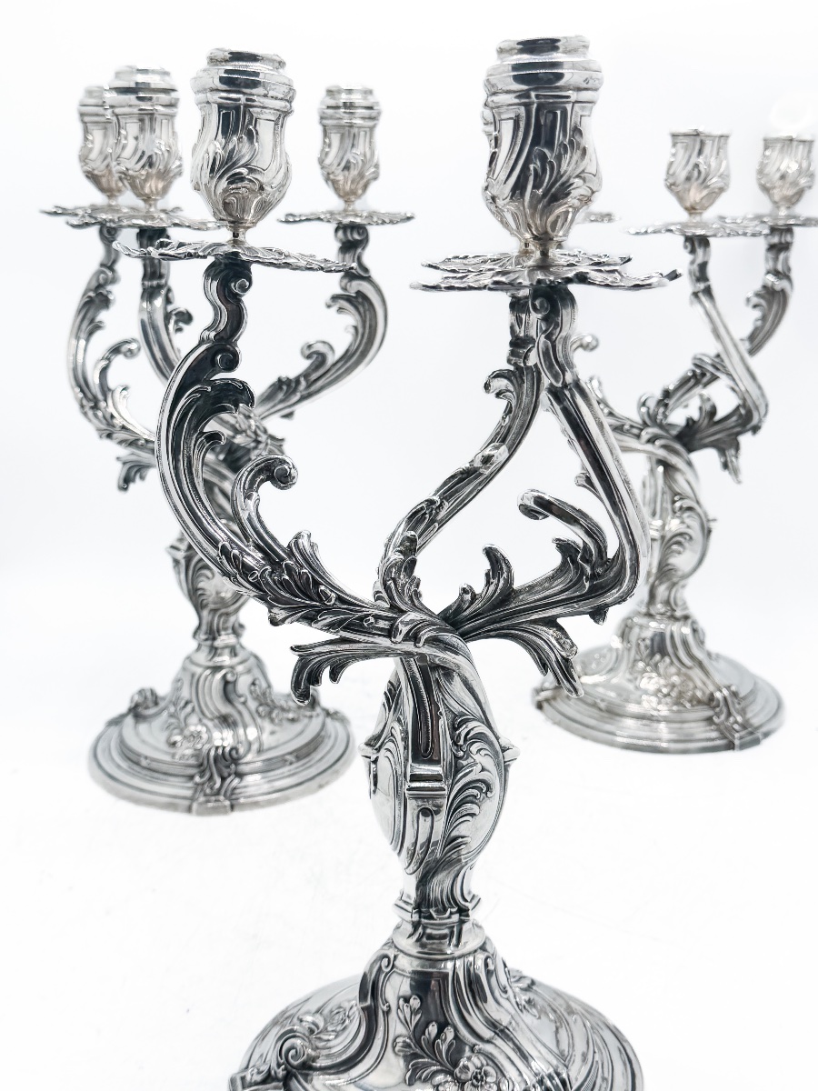 Bruckmann & Söhne – Set Of Three Solid Silver Candelabras, Louis XV Rococo Style – Late 19th Century -photo-4