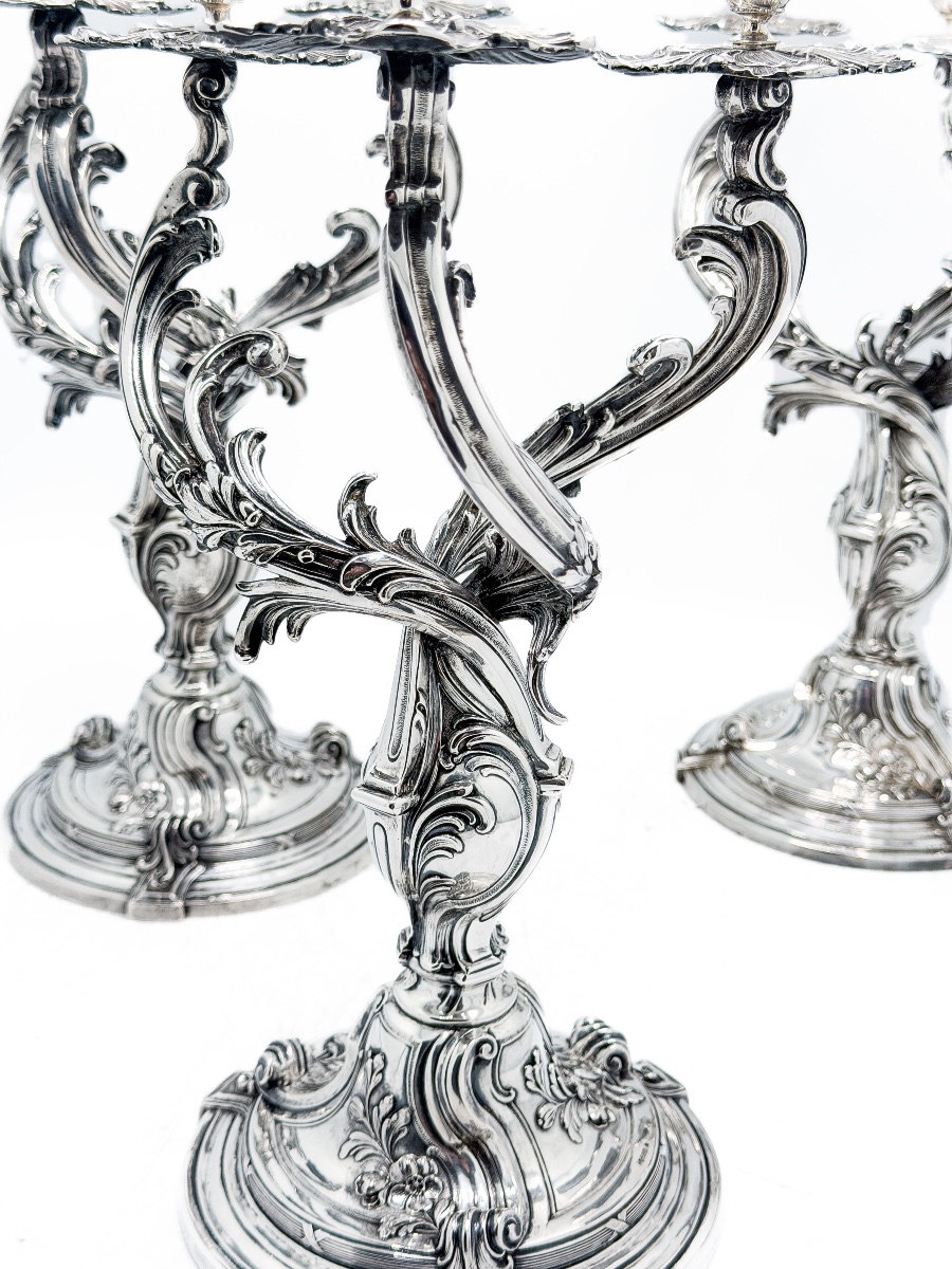 Bruckmann & Söhne – Set Of Three Solid Silver Candelabras, Louis XV Rococo Style – Late 19th Century -photo-1