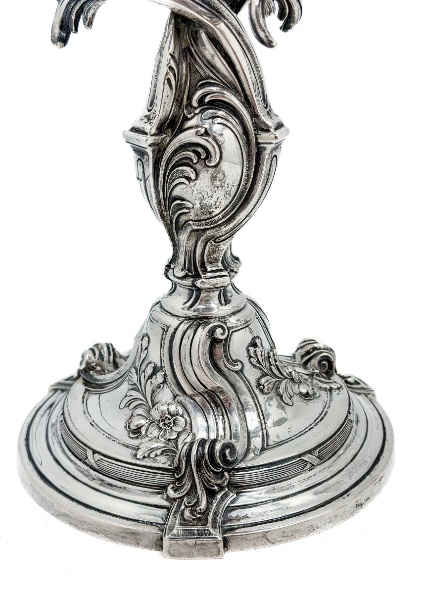 Bruckmann & Söhne – Set Of Three Solid Silver Candelabras, Louis XV Rococo Style – Late 19th Century -photo-8