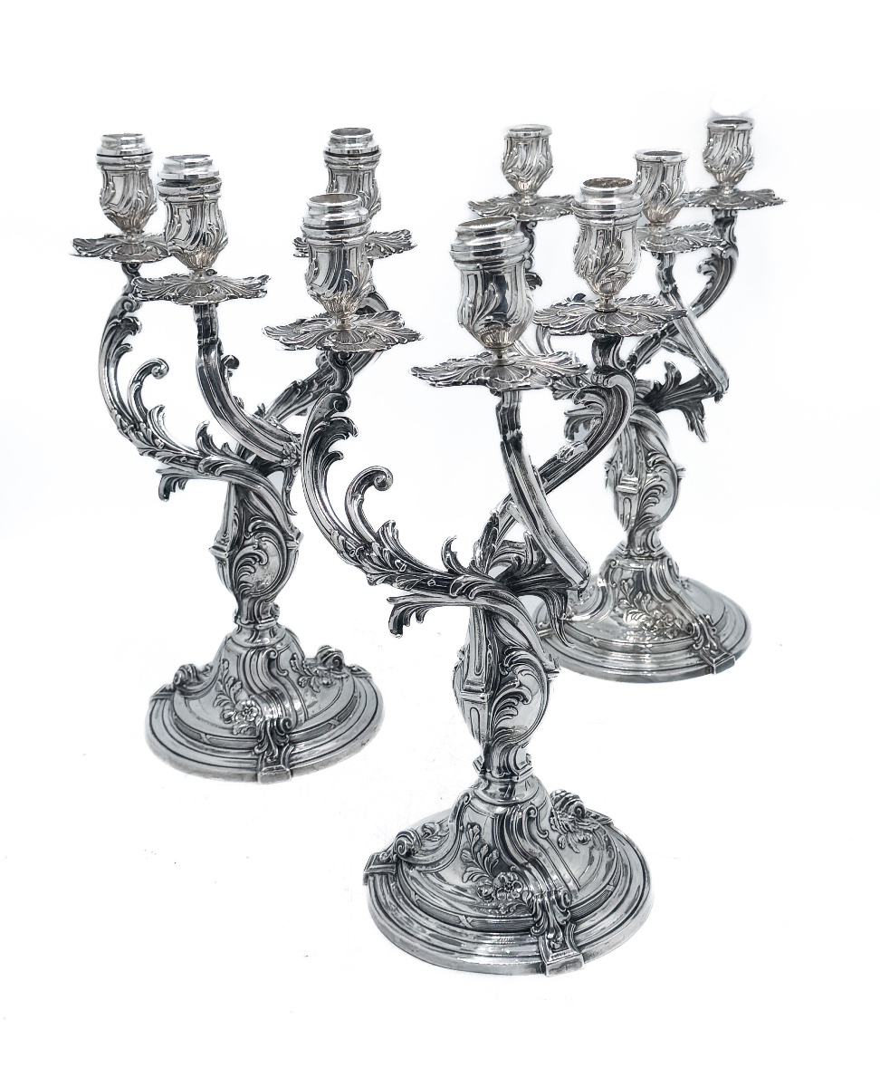 Bruckmann & Söhne – Set Of Three Solid Silver Candelabras, Louis XV Rococo Style – Late 19th Century 