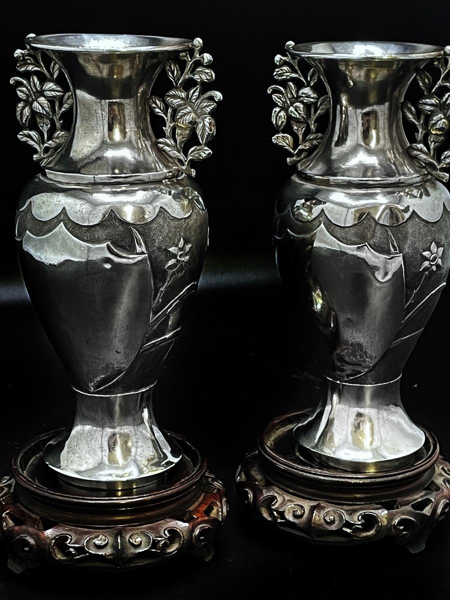 Paire de vase chinois en argent sur socle-photo-4