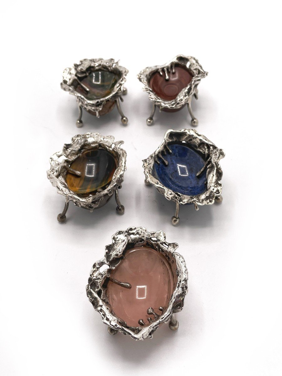 Superbe ensemble de 5 salerons et poivrières en argent 950/1000  et pierres fines-photo-1